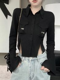 Blouses pour femmes SONNEESD Automne Outillage Chemise irrégulière Style américain Vintage Simple boutonnage Harajuku Manches longues Slim Noir