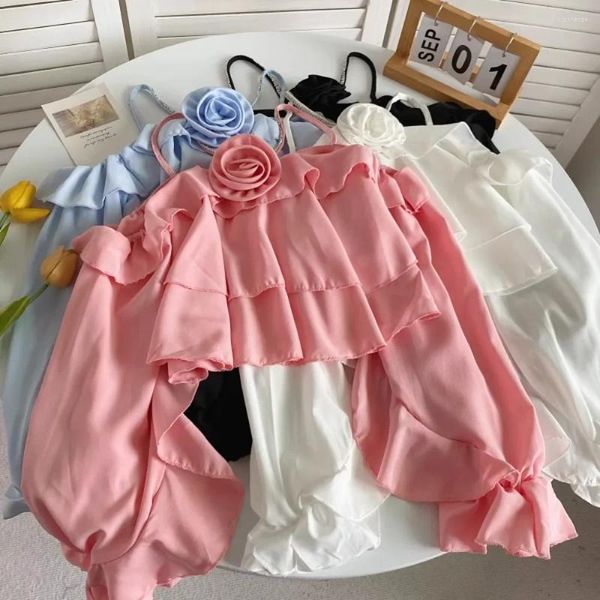 Blouses Femmes Spaghetti Sangle Femmes Blouse Arrivée Bord Volant Nu Midriff Longue Lanterne Manches Automne Polyvalent Femelle Tops Dropship