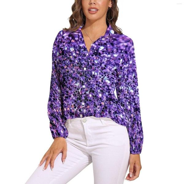 Blusas de mujer Blusa con purpurina de lavanda brillante Estampado de Bling púrpura Elegante Camisa de calle de manga larga personalizada para mujer Ropa de gran tamaño