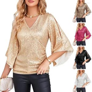 Blouses pour femmes Top Sparkly Femme Glitter Shirt Elegant Sequin Embellifhed V-Clouck Blouse avec trois quarts de manches pour le bal élégant