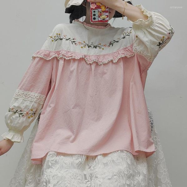 Chemisiers pour femmes Sping couleur unie brodé chemise Mori fille doux pull décontracté poupée à manches longues coton lin Kawaii Lolita hauts