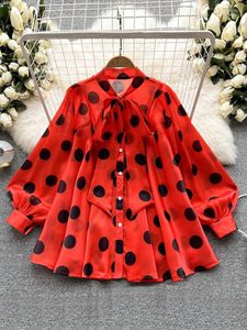 Blouses voor dames lente 2023 All-match chiffon shirt vlinderdas lange mouwen polka dot geprinte Japan-stijl top blouse vrouw blusas d999