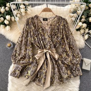 Women's Blouses Spring 2023 Dames Fashion Designer Clothing Shirts Koreaanse Bow Lantern Sleeve Snakeskin Patroon Losse chique tops