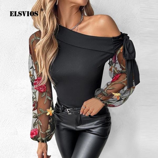 Blouses Femmes Printemps 2024 T-shirt élégant pour femmes sexy dentelle patchwork mode noeud noeud épaule diagonale col manches bouffantes