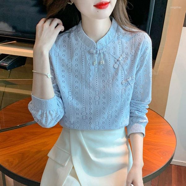 Chemisiers pour femmes printemps et automne chemisier en dentelle de Style chinois chemise Cheongsam hauts à manches longues