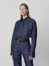 Chemisiers pour femmes printemps et automne Style banlieue Denim bleu foncé Double poche revers chemise mi-longue pour les femmes