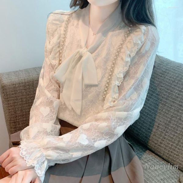 Blusas de mujer primavera y otoño elegante blusa de encaje de gasa ropa 2023 pajarita con cuello en V Oficina mujer camiseta interior de manga larga Tops