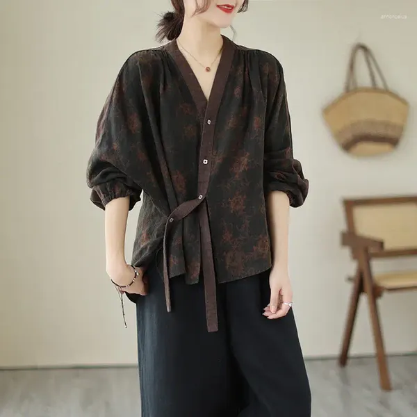 Blusas de mujer primavera y verano 2023, Camisa estampada de lino de arte Vintage coreano, camisetas holgadas ajustadas de manga larga con cuello en V, estilo étnico Z945
