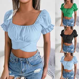 Blouses voor dames lente en zomer casual korte mouwen trekkoord taille chiffon shirt crop top style losse hi blouse mouw