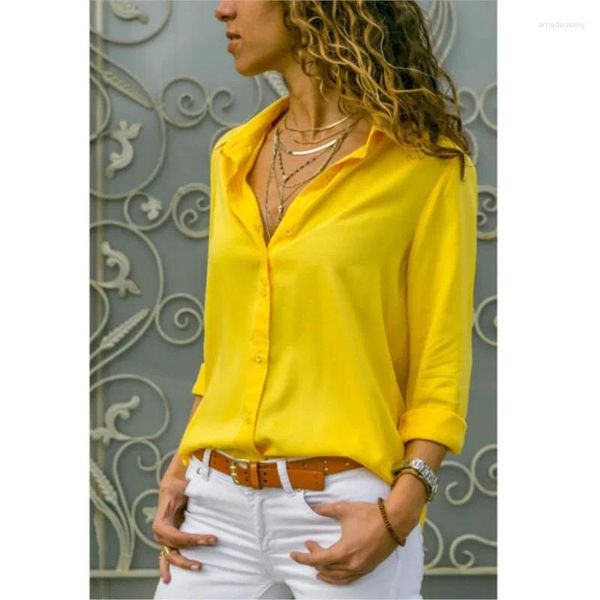 Chemisiers pour femmes printemps et été élégant jaune Sexy col en v profond bouton à manches longues simple boutonnage décontracté mode chemise