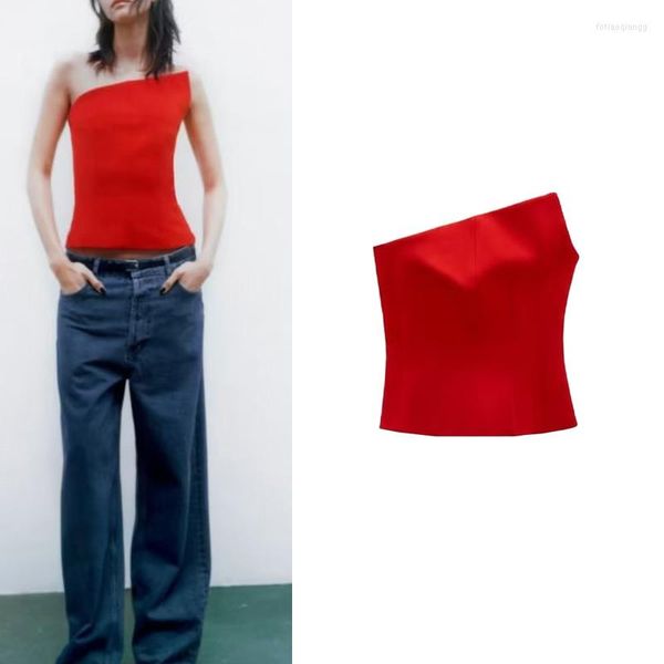 Blusas de mujer Moda de primavera y verano Rojo Slim-fit Cuello de una palabra Fuera del hombro Diseño Tube Top Camisa asimétrica con corsé Mujer