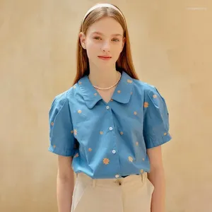 Blusas de mujer Primavera y verano Tops de mujer Camisa de algodón de manga corta floral bordada