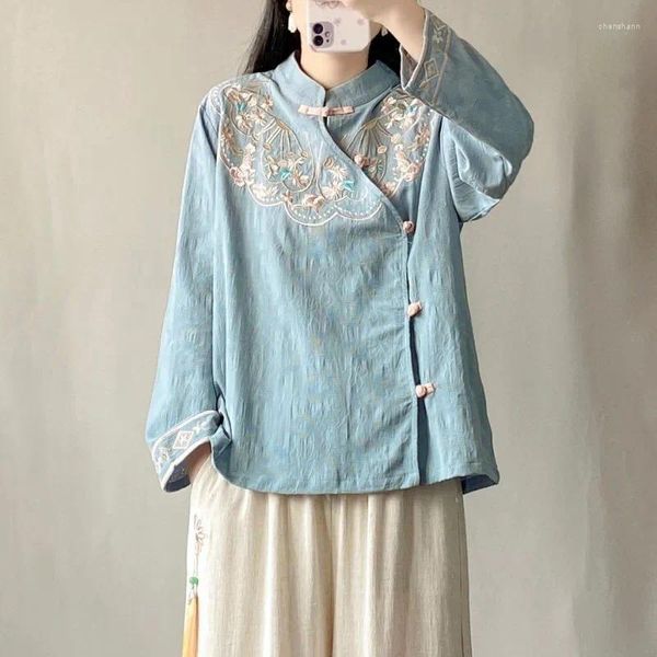 Blouses Femmes Printemps Arts Style Femmes À Manches Longues Col Montant Chemisier Lâche Hauts Broderie Florale Jacquard Coton Lin Chemises Vintage