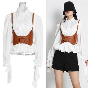 Blouses voor dames lente herfst bruin lederen heuvels vest revers met lange mouwen geplooide wit kort shirt tweedelige set