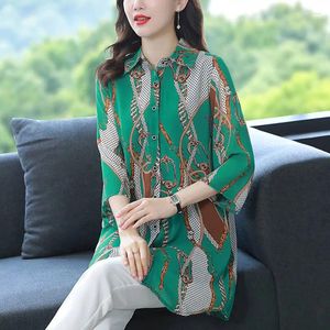 Blouses voor dames lente herfst chiffon tops dames mode print shirts turn down kraag 3/4 mouw kleding knoppen 2024