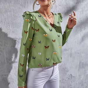 Blouses voor dames lente herfst deals vrouwen lange mouw tops dame mode slanke pullover shirts elegant v-neck vlinderpatroon chiffon blouse