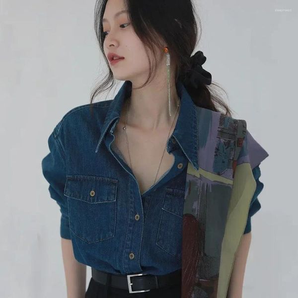 Chemisiers pour femmes printemps automne chemise en jean Style coréen mode ample rétro Harajuku élégant et jeune femme haut Chic chemisier long