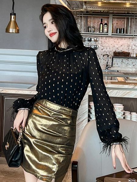 Blusas de Mujer Primavera Otoño Ropa Elegante Camisa Negra de Lujo Mujer Damas Pluma Manga Larga Mujer Brillante Oro Seda Brillante Tops Sueltos