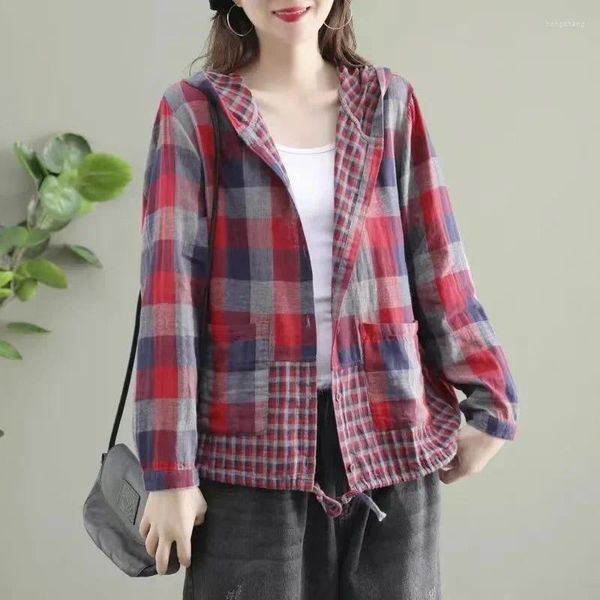 Blouses Femmes Printemps Automne Mode Coréenne Designer Vêtements Femmes Plaid Chemises À Capuchon Dames Lin Lâche Femme Casual Tops Surdimensionnés