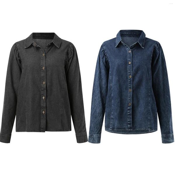 Blouses Femmes Printemps Automne Dames Denim Chemises Femmes Simple Boutonnage À Manches Longues Chemisier Col Rabattu Streetwear Hauts Décontractés