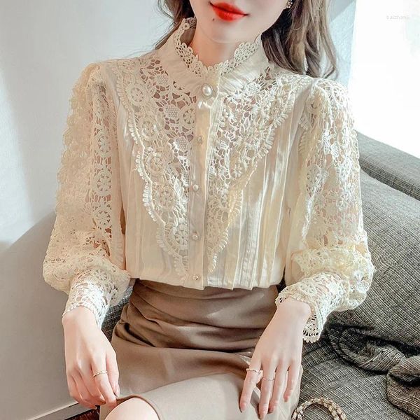 Blouses Femme Printemps Automne Lanterne Manches Crochet Chemisier Floral Femmes Évider Dentelle Chemise Dames Simple Boutonnage Casual Hauts Courts