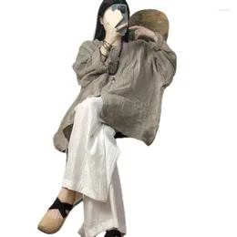 Blusas de mujer Primavera Otoño Blusa de manga larga para mujer Estilo chino Sensación fresca Camisa holgada Traje Tang femenino Top Algodón Lino
