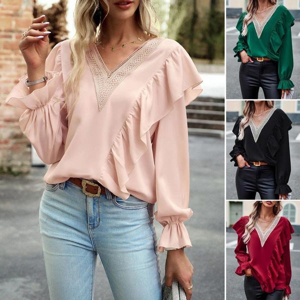 Blusas de mujer Primavera Otoño Oficina Blusa de gasa para mujer Camisa de manga larga con cuello en V con volantes para mujer Ropa elegante Versátil de moda