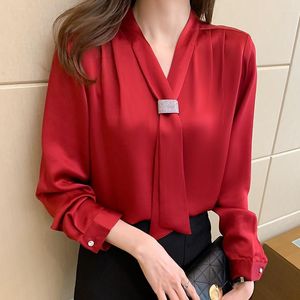 Blusas para mujeres Spring Autumn Satin Silk Women Ladies Tops Tops de manga larga Bloqueo de gasa