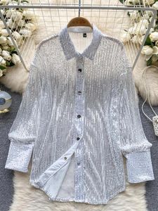 Blouses pour femmes printemps automne solide élégant célibataire single femme Y2k Sequin Shirts long Sleeeve Sleeeve Poly-Tops Party Streetwear Fashion