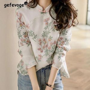 Blouses voor dames lente herfst kraagkraag Chinese stijl printen katoenen linnen shirt vrouwelijk lange mouw vintage kikker top vrouwen all-match