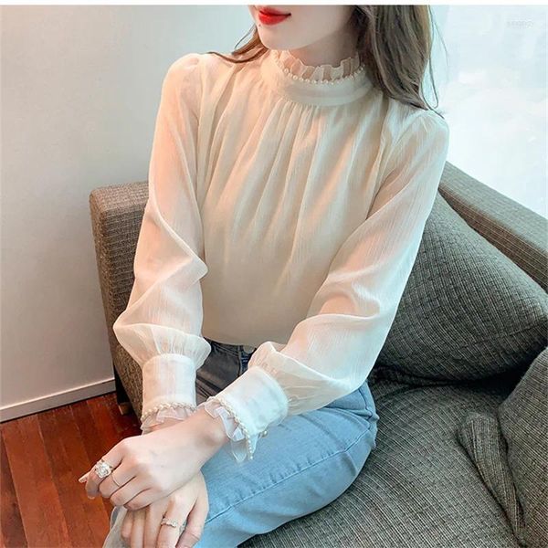 Blouses Femmes Printemps Automne Doux Perles Maille Blouse Femmes Col Roulé À Manches Longues En Mousseline De Soie Chemise Femme Causal Lâche Bureau Hauts Courts