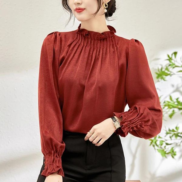 Blusas de mujer, blusa Vintage de primavera y otoño, camisas elegantes de manga larga a la moda para mujer, Tops sueltos, camisa roja y negra sólida para mujer