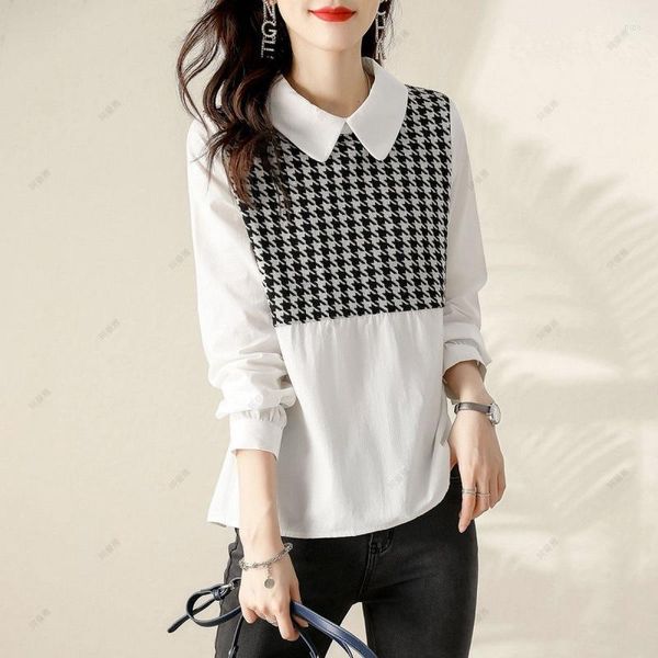 BLOSAS FURANAS Spring Autumn Women's Shirts Tops 2023 Fashion Elegant Houndstooth Splice Doll Collar Loose Casual Lady BLouse