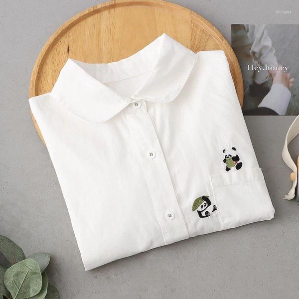 Blouses de mujer Spring Autumn Mujeres Cartoon Panda Bordado Bordado Camisa de manga larga Casco dulce Color Blanco Femenino Femenino Femenino