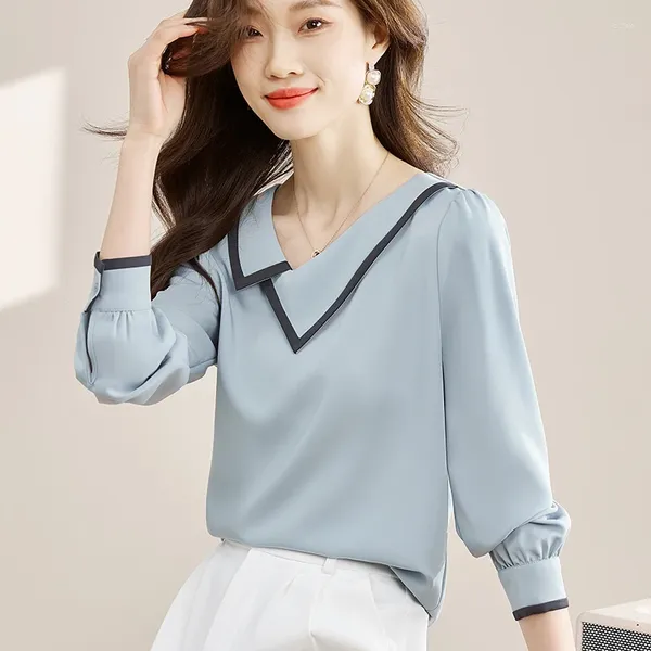 Blouses pour femmes Printemps Automne Femmes Blouse décontractée Irrégulière Mignon Col à revers Chemise en mousseline de soie à manches longues Tempérament lâche Coréen