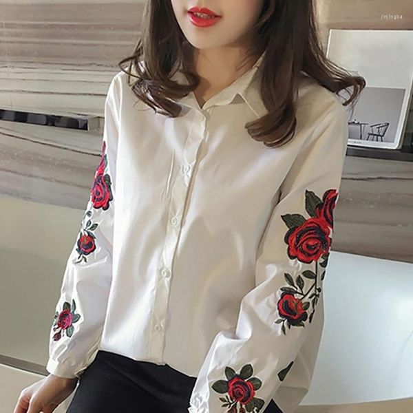 Blusas de mujer primavera otoño camisas de mujer de manga larga cuello vuelto Rosa bordado elegante Casual de talla grande 4XL camisas femeninas 6Q2323