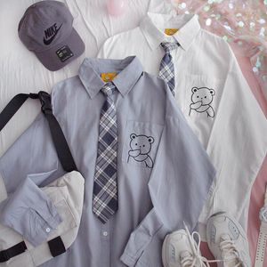 Chemisiers pour femmes Chemisier de printemps à manches longues Chemise ample Adolescentes Étudiant Harajuku Ours mignon Imprimer Noeud de cravate Doux Soeur Tops Style collégial