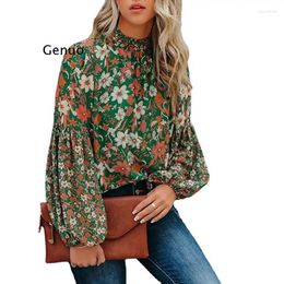 Blouses pour femmes printemps décontractée demi-col roulé à la fleur imprimé lanterne à manches longues Shirt Chic Tops 2024 Fashion Retro lâche