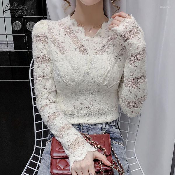 Blusas de Mujer primavera Casual Puff manga Top Mujer Crochet encaje Vintage blanco blusa camisas ahueca hacia fuera Sexy cuello pico Mujer Tops 12626