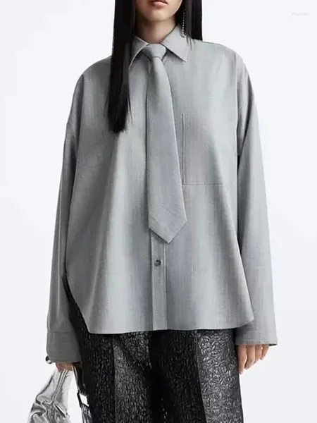 Blusas de mujer, camisa holgada gris de un solo pecho informal de primavera con corbata, Tops de moda con estampado a rayas de estilo de oficina para niñas, Tops de gran tamaño