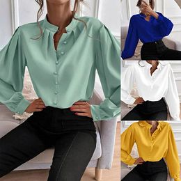 Damesblouses Lentekleding voor dames Shirt Elegante lange mouwen Tops Losse knoopblouse Effen kleur Loungewear Zacht en comfortabel