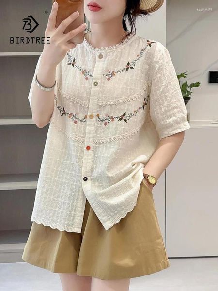Blouses pour femmes Spring Cotton broderie Shirt Femme O Neck Sleeve Loose Top Girl Literature Commute Sweet Blouse 2024 AUTUN T44501QC