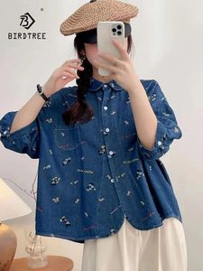 Blouses voor dames lente katoen retro denim shirt vrouwen revers gedrukte tops meisje lange mouw pendelen casual basi blouse 2024 herfst t43682qc