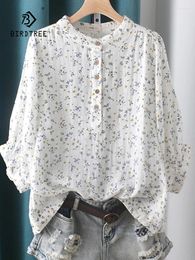 Blouses pour femmes Spring Cotton Yarm Versatile Shirt Femme Stand CollarS Tops Girl Short Sleeve Imprimé Littérature Blouse 2024 AUTUN T43501QC