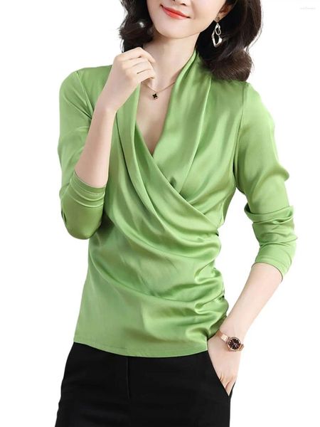 Blusas de Mujer Primavera Elegante Blusa de satén para Mujer Camisas de Oficina con Cuello en V Sexy para Mujer Tallas Grandes Otoño Estilo OL Temperamento Camisa versátil