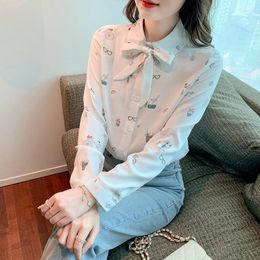 Damesblouses Lente Elegant Dames Bedrukt Overhemd 2023 Strikje Revers Hals Lange Mouw Ontworpen Camisas Mujer Button Up Blouse Dames Tops