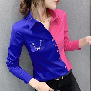 Blouses pour femmes Printemps Automne Style coréen Patchwork Blouse Chic Bureau Dame Couleur Blocage Bouton Irrégulier Élégant Femmes Chemise Hauts