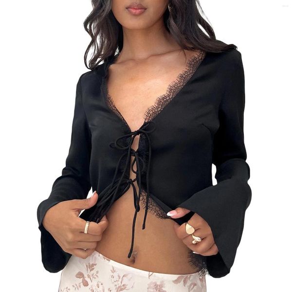 Blouses pour femmes printemps automne dentelle garniture de cils cravate avant chemise femmes noir col en V à manches longues culture hauts esthétique Streetwear