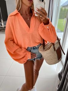 Blouses pour femmes Printemps Automne Manches longues Lâche Col en V Casual Femmes Blouse Blanc Orange Mignon Tops Bureau Dames Mode Blusas Mujer