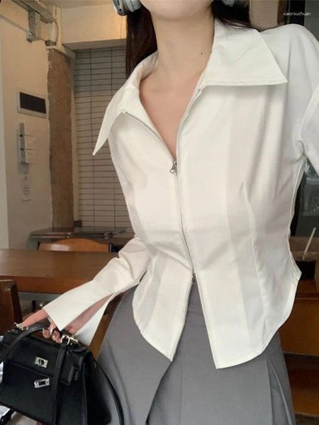 Blouses pour femmes printemps automne sexy fermeture éclair chemise blanche mode solide manches longues cardigan chemisier 2024 revers français mince vêtements féminins